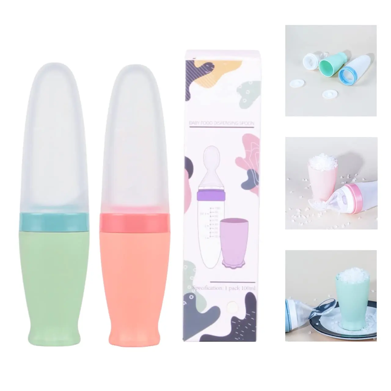 Unisex 2-Piece Baby Silicone Feeding Bottle Spoon with Standing Base, Dispensing Baby Food Feeder for Infants 6 Months+, Pink