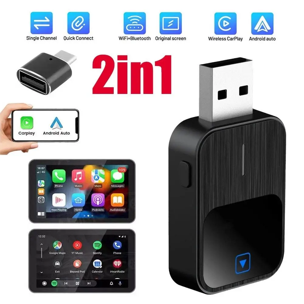 Mini Aluminum Alloy Wireless CarPlay Dongle, 2-in-1 Convert Wired to Wireless CarPlay & Android Auto, Plug and Play, Intelligent Auto Wake-Up Function