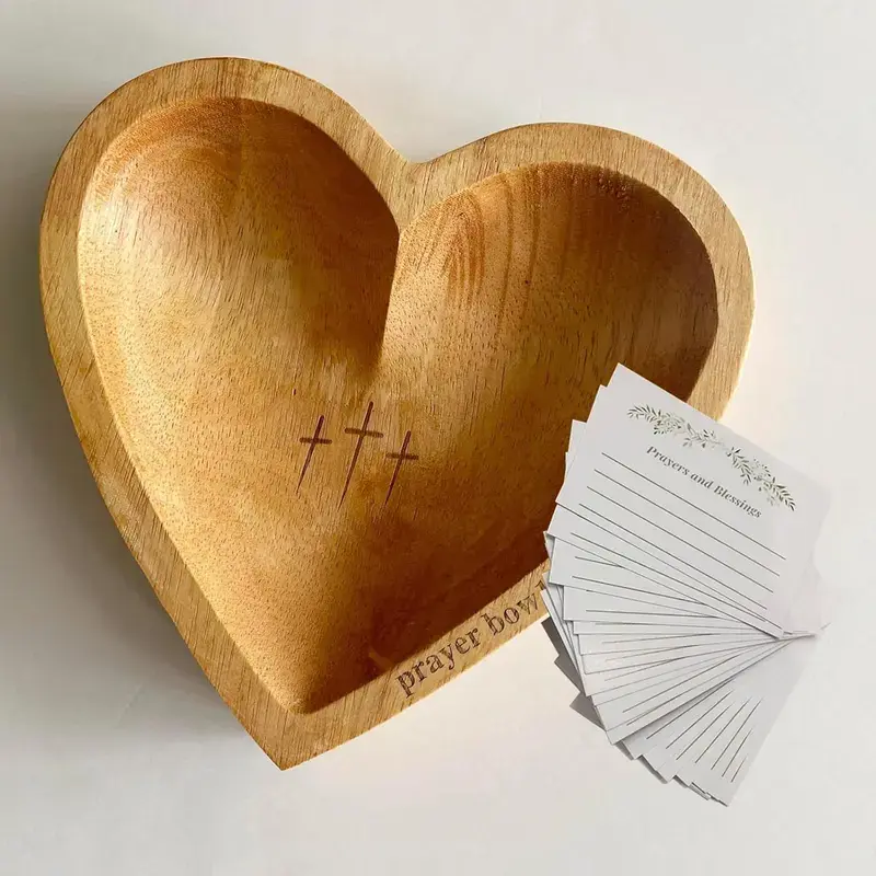 Heart Prayer Bowl with 24 Prayer Cards, Christian Heart Shaped Wooden Dough Bowl for Baptism, Handcrafted Religious Spiritual Gift for Thanksgiving Christmas Wedding Easter, Inspirational Home Decor Accessory for Living Room Bedroom Table Centerpiece