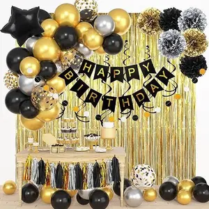 Black and Gold Birthday Party Decorations Kit for Men Women, Cheers Beer Confetti Black Gold Balloon Happy Birthday Banner Fringe Curtains Swirl Circle Dots Tassels Pom Graduation 30th 40th 50th
