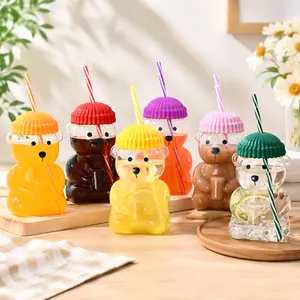 Eco-friendly and cute bear-shaped cup with lid and reusable straw, 20 oz. Perfect for bubble tea, juice, iced coffee, cocktails, and more. home office gift. Available in a variety of colors (single pack)