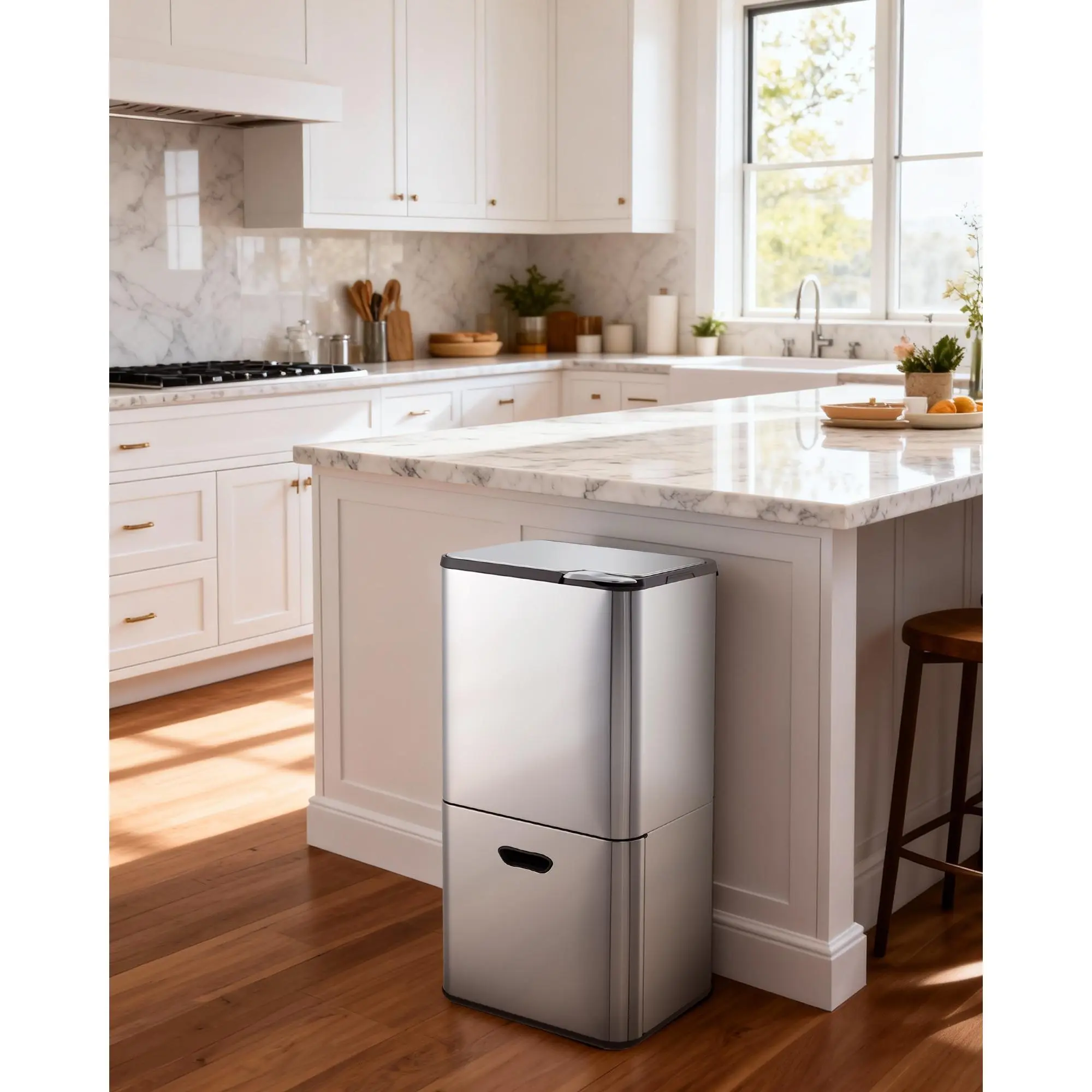 16 Gallon Dual Kitchen Trash Can with Compost Bin, 33L+28L 3-in-1 Garbage & Recycling Bin Combo, Stainless Steel Trash Can with Removable Inner Buckets & Odor Control Filters, Large Rectangular Waste Bin for Kitchen Plastic