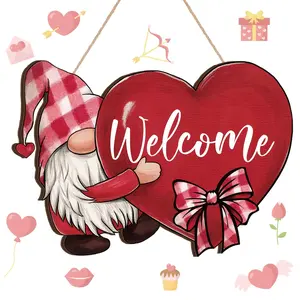 Wooden Valentine's Day Dwarf Welcome Sign, Heart Hanging Tag, Door Decor for Wedding Anniversary Holidays Indoor Outdoor Porch Garden Wall Decorations