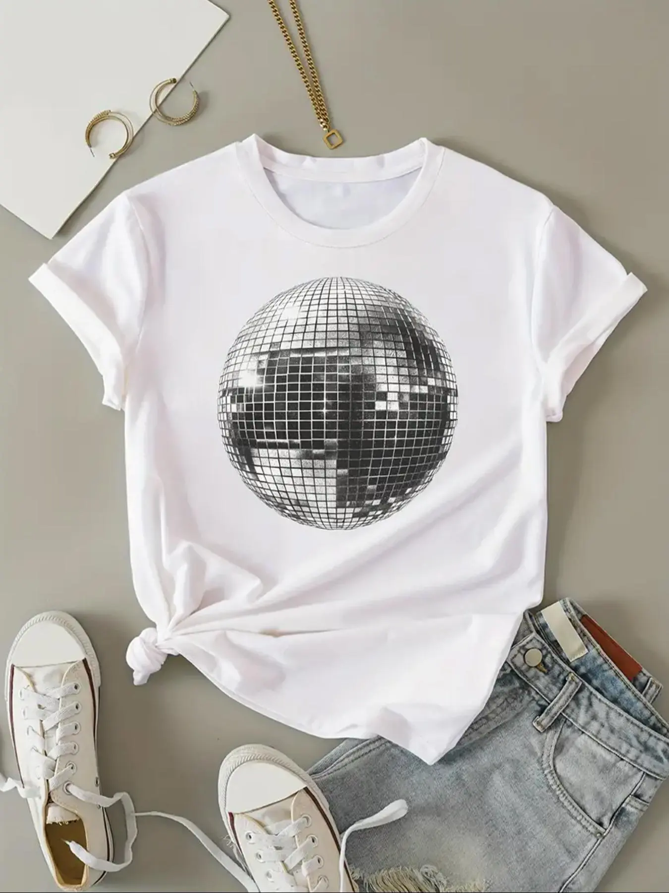 Women's Disco Ball Print Round Neck Tee, Music Festival Essentials Outfit, Fashion Casual Streetwear Crew Neck Short Sleeve T-shirt for Daily Outdoor Wear, Ladies Summer Clothes