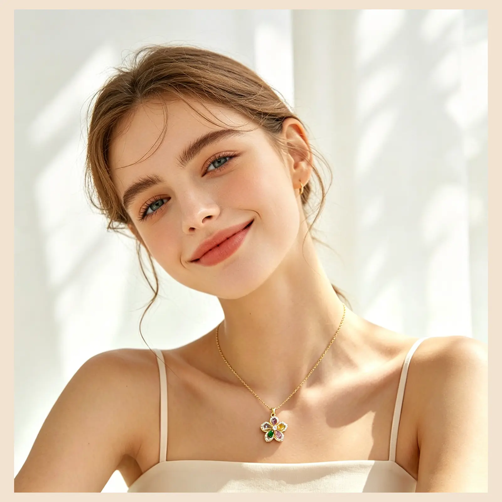 Rotating Sakura Flower Necklace for Women – Gold Spinning Blossom Pendant with Colorful Crystals, Floral Jewelry Gift