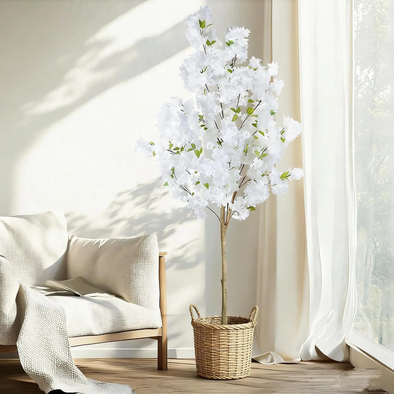 5FT Artificial Cherry Blossom Tree, White Faux Flower Tree for Home, Office, Wedding, Party & Outdoor Decor，  outdoor artificial flowers   (2.1M) plants，  fake tree