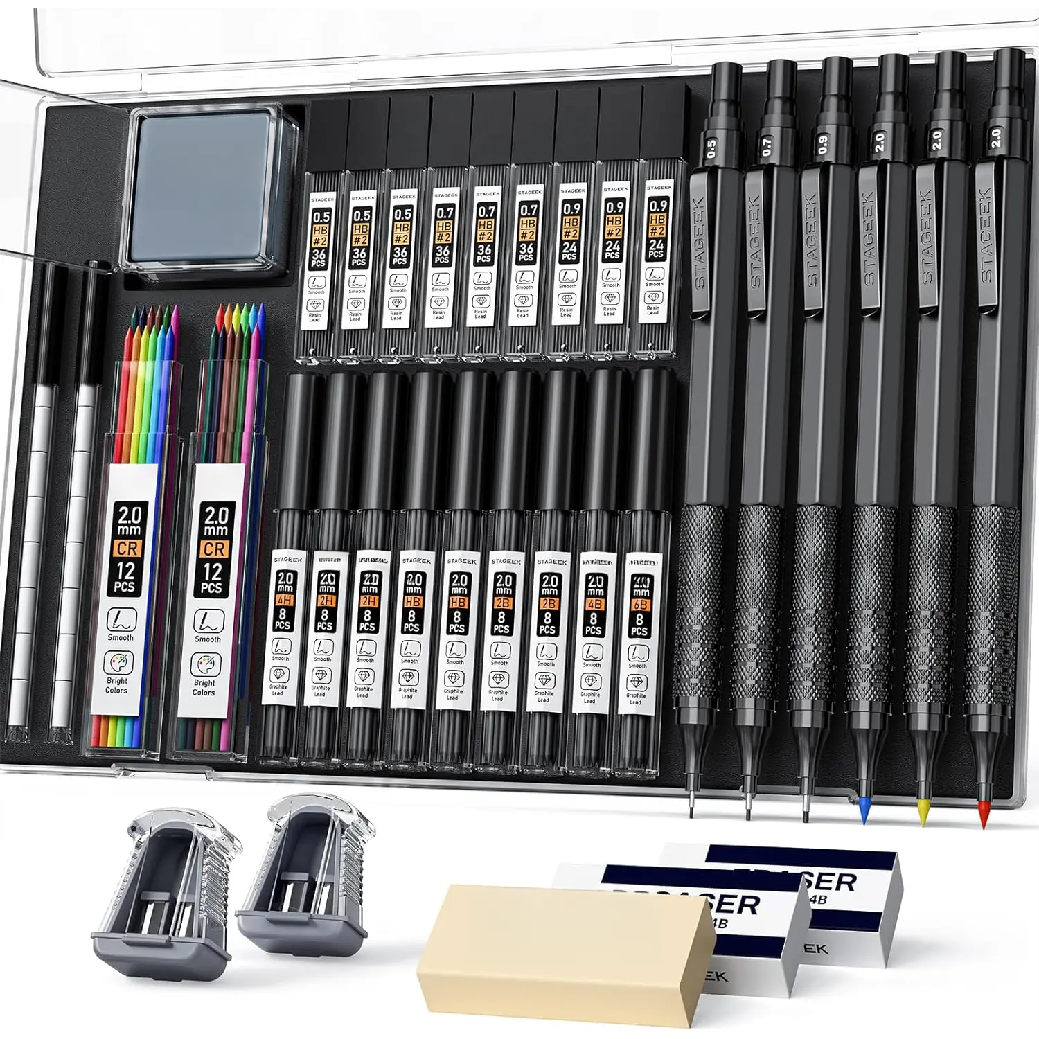 35 count Art Mechanical Pencil Set with Case, 0.5 0.7 0.9 2.0 Graphite Metal Drawing Drafting Pencils, Sharpener Erasers 384 count Lead Refills (6B 4B 2B HB 2H 4H Colors)Pencils for Writing Sketching,Black