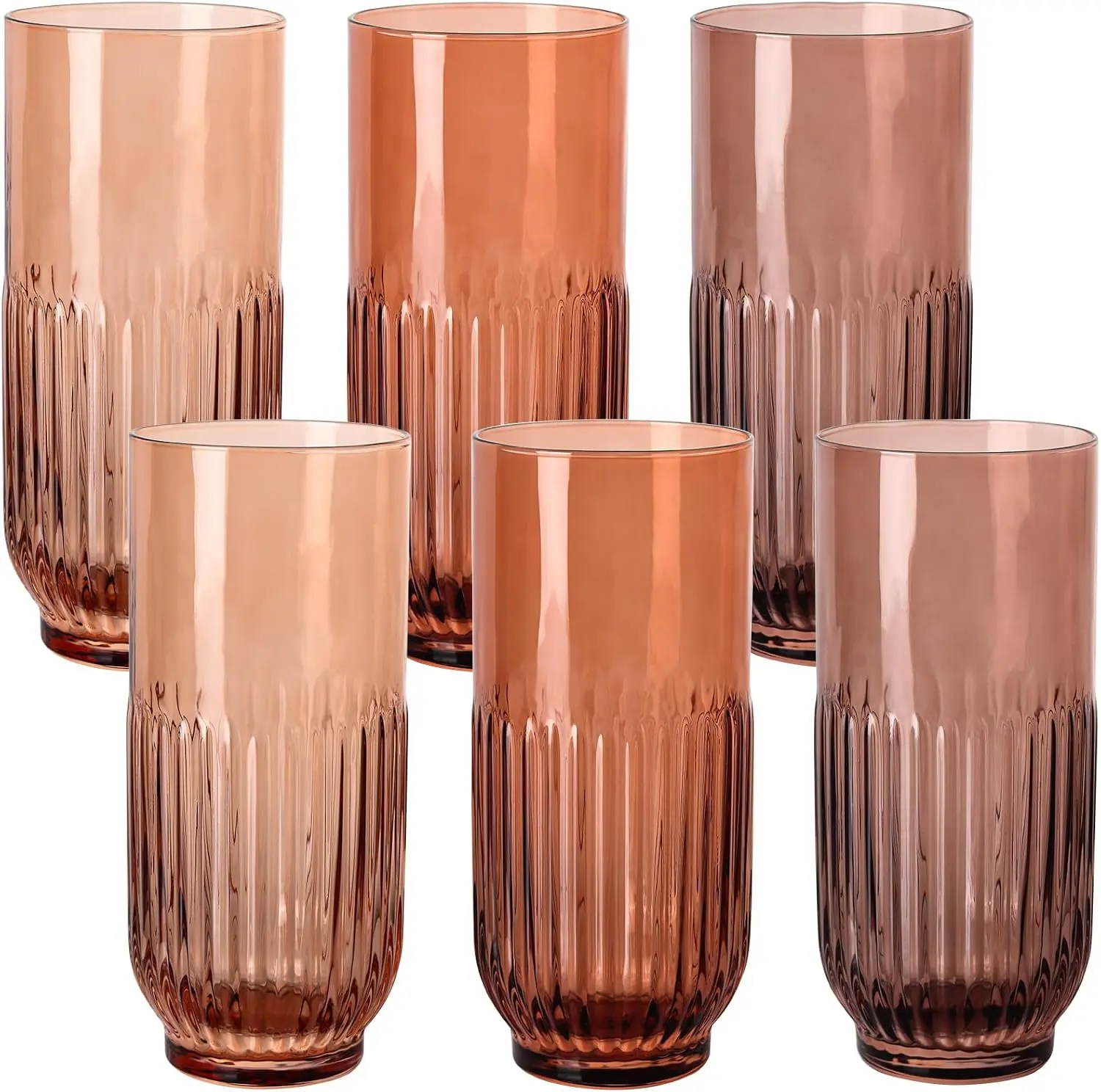 Gradient 6-Piece 13oz Lead-Free Amber Ribbed Glass Set, Modern Round Stemless Wide-Mouth Tumblers, Vintage Reusable Textured Drinkware for Home Bar & Whiskey, Set Of 6 Pcs