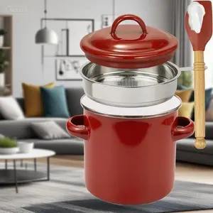 46OZ Large Capacity Grease Keeper with Strainer - Enamel Bacon Drippings Container, Farmhouse Red Kitchen Decor - Includes Silicone Wooden Spatula, Dishwasher Safe for Easy Cleaning