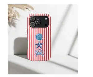 Blue Seashell Phone Case, Red White Striped Nautical Cover, Coastal Beach Vibes Summer Aesthetic Design