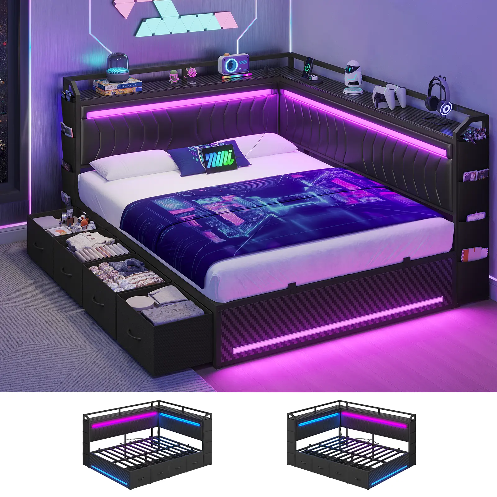 Hasuit Twin/Full/Queen Corner Bed Frame with 4 Drawers, LED Lights & Charging Station Gaming Bed Frame with Storage, Twin Daybed with Leather Upholstered, Esports-Style  Bed Frames