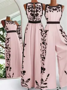 Women's Floral Print Sleeveless Jumpsuit, High Waist Wide Leg Backless Tie Jumpsuit, Vacation/everyday/island/picture/wearable/ambient Commute