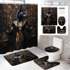 1/4pcs Egyptian Anubis God Shower Curtain Set 4 Pieces - Dark Golden Hieroglyphics Jackal Head God Statue Bathroom Decor, Toilet Lid Cover, Bath Mat & Rug - Ancient Egyptian Theme for Halloween, Egyptian Themed Party, Home Bathroom Upgrade