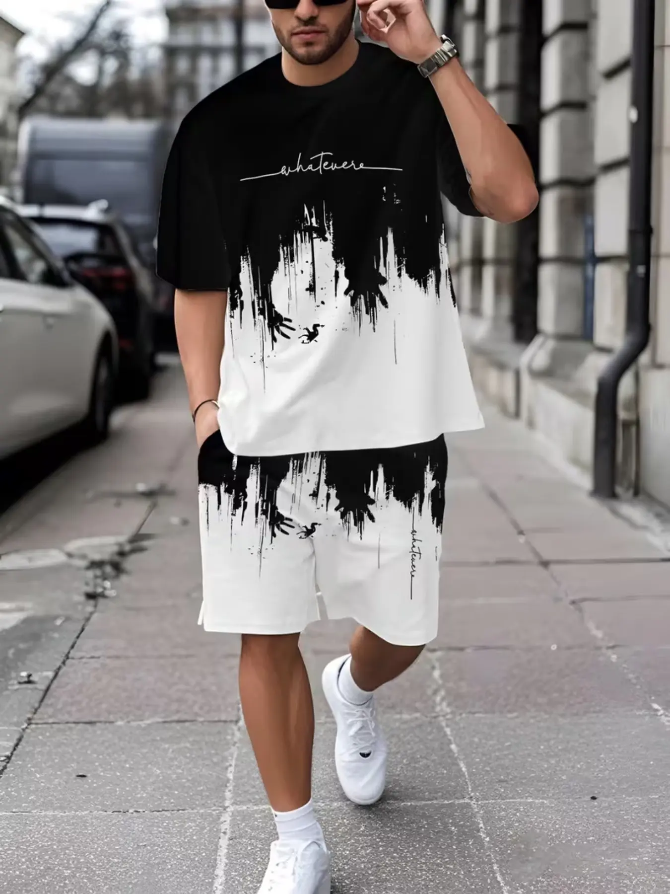 Men's Printed Geometric Short Sleeve T-Shirt & Track Shorts Set, Casual Sportswear, Breathable Outdoor Wear, Summer 3D Print