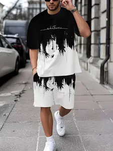 Men's Printed Geometric Short Sleeve T-Shirt & Track Shorts Set, Casual Sportswear, Breathable Outdoor Wear, Summer 3D Print