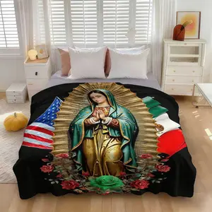 Virgin Mary flannel blanket with USA and Mexico flag floral print soft warm lightweight perfect for home decor church gatherings holiday celebrations prayer room and gifting to loved ones
