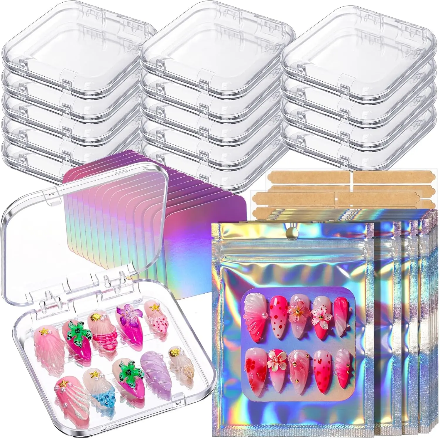 [New Deal 60pcs Set] - Press on Nail Storage Box, Press on Nail Packaging with 15 Pcs Acrylic Nail Display Case, 15 Sets Holographic Bags & Cards 60 Pcs Double Sided Tape, Gift for girl Birthday, Anniversary, Valentine day, Mother day
