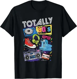 Funny 80s Retro 1980s Party Totally 80s Turntable Cassette T-Shirt Summer Gift Short Sleeve Adult Shirt, Pure Cotton Men's and Women's Tops Fabric Menswear actual  80s  clothing