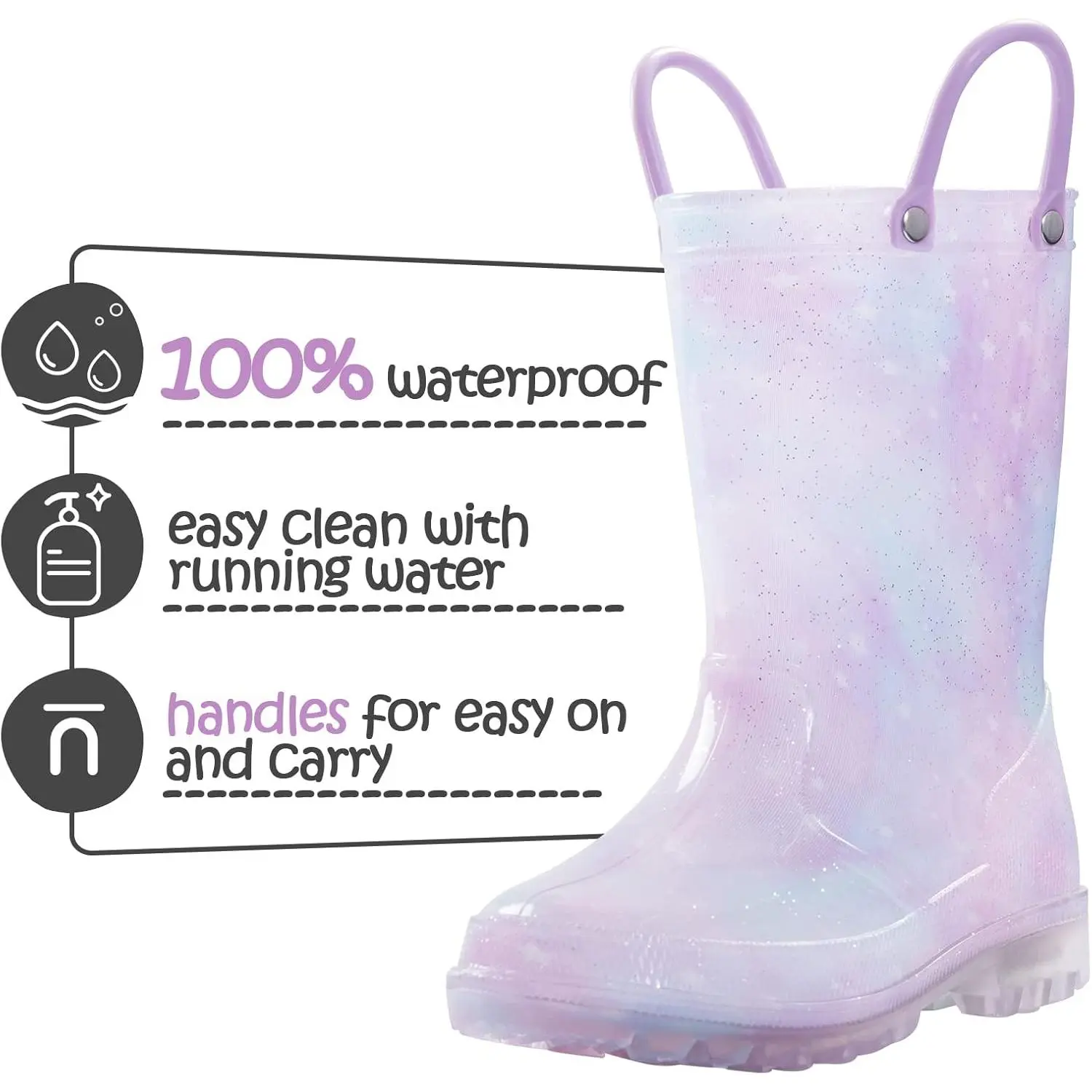 K KomForme Toddler Light Up Rain Boots for Girls Boys Waterproof Rain Boots with Handles Outdoors