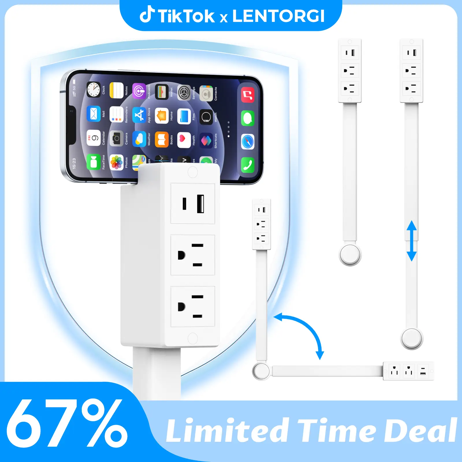 LENTORGI Outlet Extender with USB-C, USB-A & 2 AC Outlets, 180° Rotating Power Socket Expander, Extendable 18"-28" Wall Plug Adapter for Hard-to-Reach