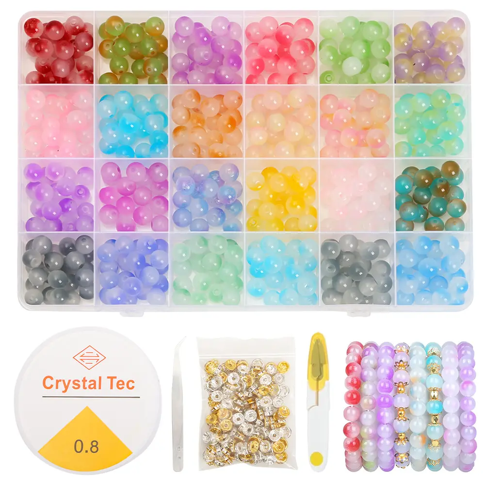 700Pcs 24 Grid 8mm Two-Tone Crystal Glass Beads Kit, 24 Color Transparent Glass Beads with Spacers, DIY Jewelry Making Supplies for Bracelets Necklaces Earrings Rings Craft Gift