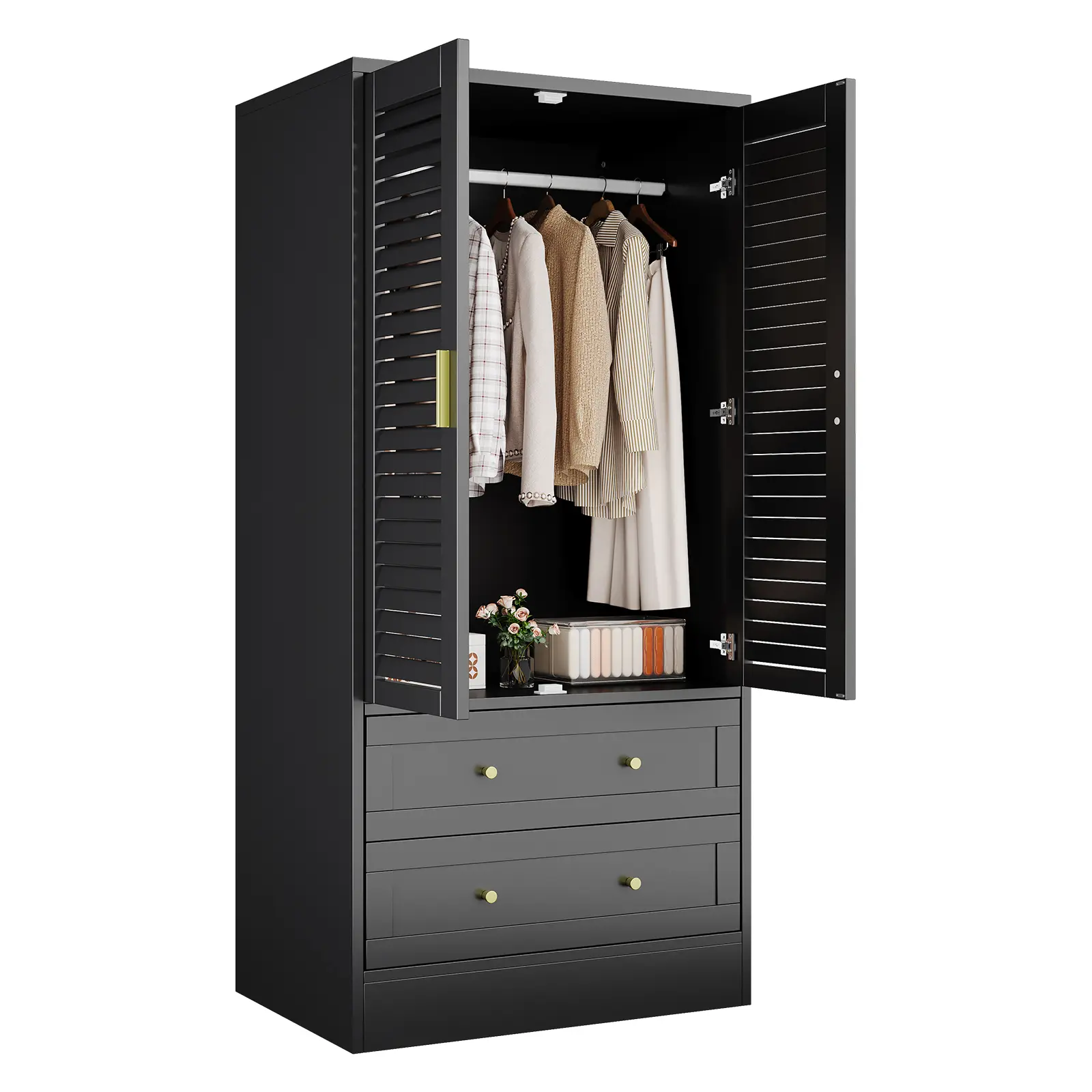 Garvee Modern Louvered Wardrobe Closet – 65" Black Wooden Freestanding Armoire with Double Doors, 2 Drawers, Hanging Rod, Spacious Storage, Sturdy Particleboard, Magnetic Doors, Anti-Tip for Bedroom, Entryway, Laundry