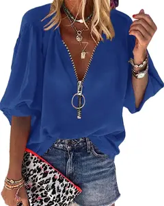 ARTFREE Womens V-Neck Lantern Sleeve Blouse Zipper Design Loose Casual Top Shirts