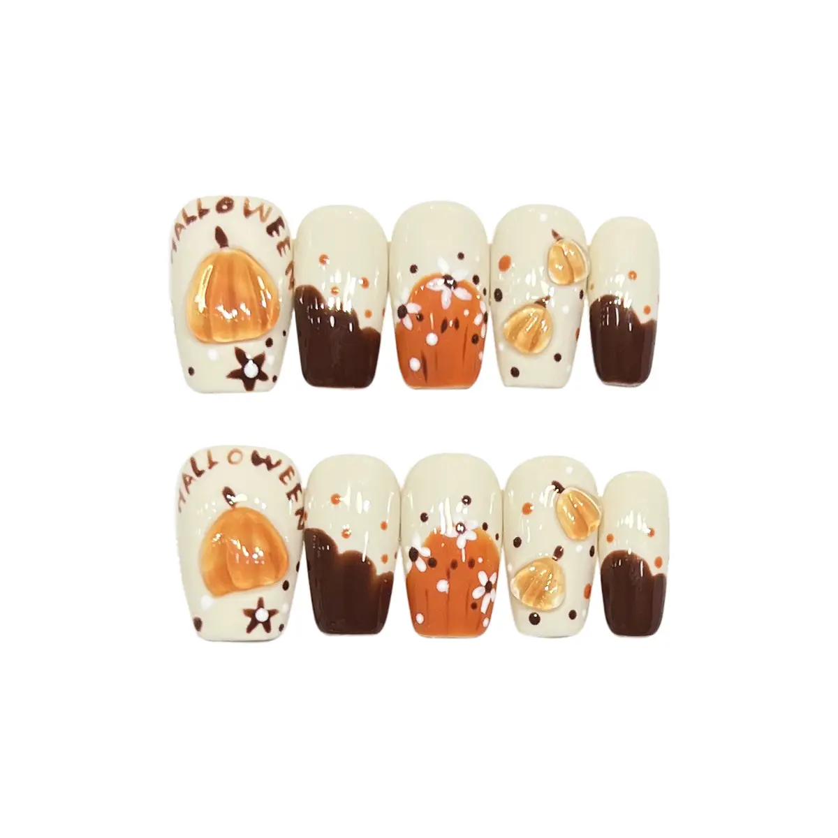 Halloween False Nails & Accessories - Cream-Brown Medium Square Press-On Fake Nails Kit, Handmade Reusable Acrylic Set with Pumpkin, Chocolate, Star Accents for Festive Looks, Handmade Craft