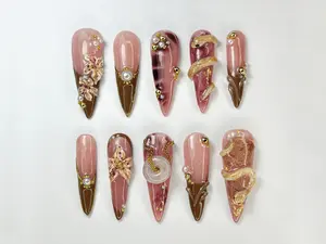 Nude Brown Press On Nails | Dark Floral & Gold Accent Press-Ons | 3D Floral And Snake Nail Art | Handmade Gothic Nail Set Satamiis