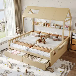  [Bellemave] Twin Size House-Shape Platform Bed| Wood Double Bed Frame| Storage Shelves and Drawers| Childlike and Playhouse Design| Easy Assembly