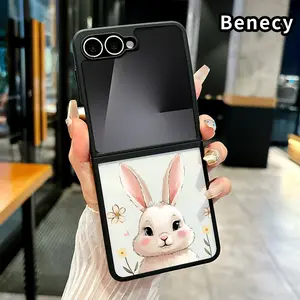 Bunny in Bloom Pattern Foldable TPU Phone Case with Axis Guard and Complete Lens Protection for Z Flip 7/6/5/4 Shockproof Silicone Transparent Cover