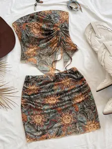 Boho Bohemian Sun Print Two-Piece Set, Backless Tie Top & Pleated Skirt, Vacation/photo/lolita/street Style, Casual Fashion
