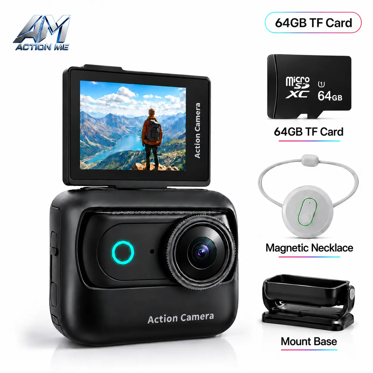 【Action Me】 Compact Aesthetic Magnetic Recording Action Camera, Portable Vlogging Device with Flip Screen, Hands-Free POV, Phone-Compatible, Includes Charging Case, Cap Mount, Free Protective Case & Cable (Blk/Wht/Pnk) - tiktokshopbacktoschool sohochic, W