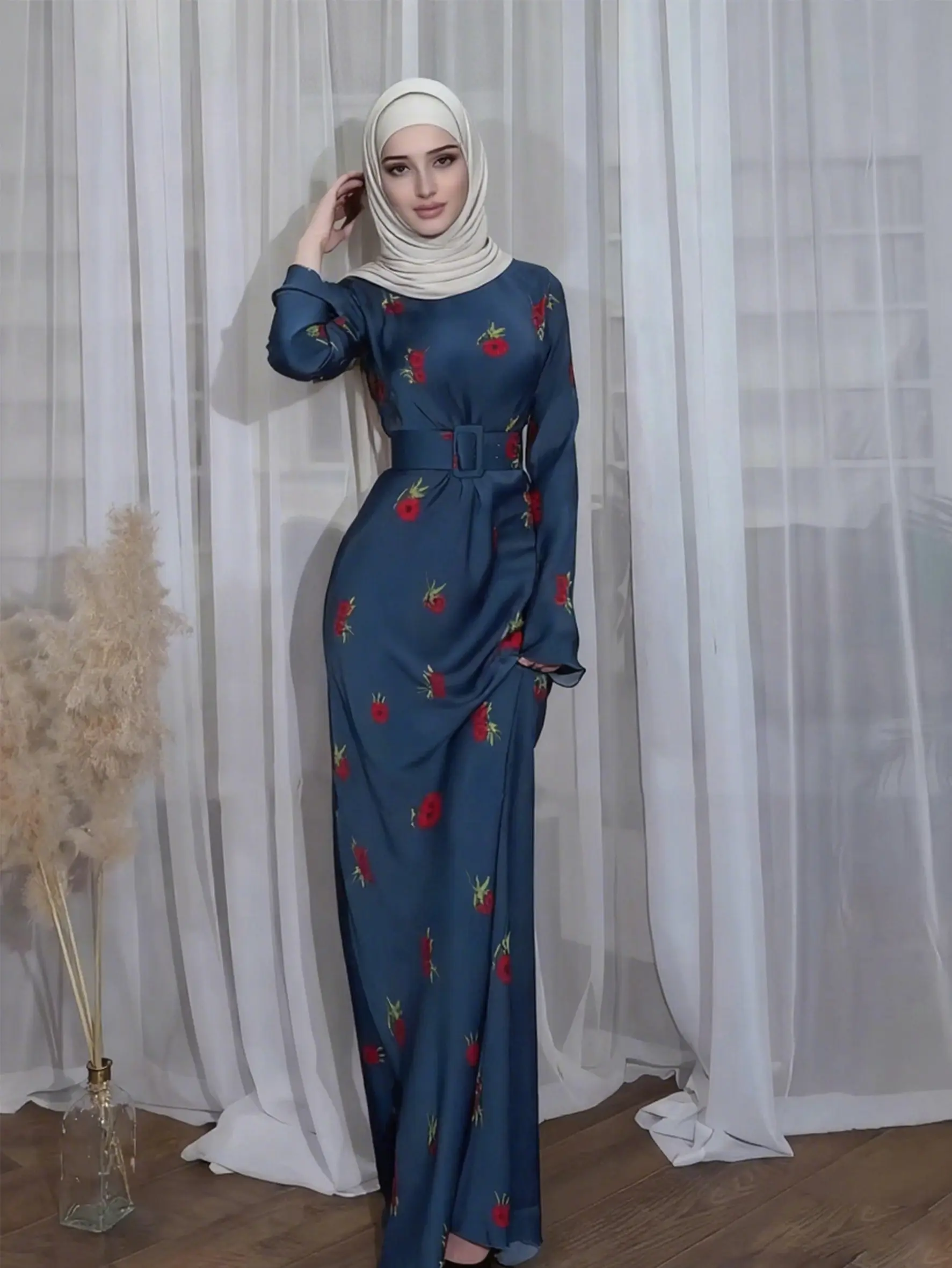 Fashion Summer Long Sleeve Fashion Crew Neck Ice Silk Breathable Flower Print Lady Dress Muslim Morocco Kaftan Islam Vestidos Arab Long Robe Abayas