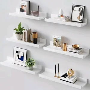 Floating Shelves, Set of 6, Wooden Wall Shelves with Ledge for Living Room, Kitchen, Bathroom, Bedroom, Modern Display Shelves for Photos, Books, Plants & Décor, Paulownia Wood, White