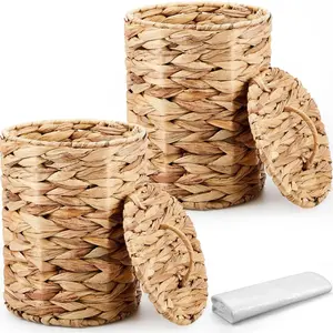 2 Pcs Wicker Trash Can Basket, Woven Waste Basket with Lid, Bathroom Wastebasket, Garbage Bin with 100 Pieces of Trash Bags for Bedroom, Farmhouse, Home Office, Kitchen (Brown, Small)