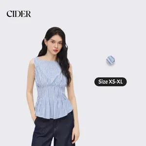 Cider Cotton-blend Boat Neck Stripe Pleated Tank Top