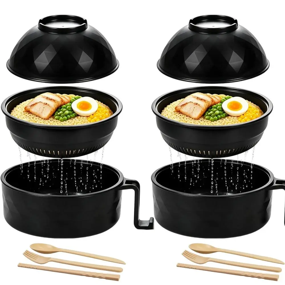 Travel Outdoor Wheat Straw Dining Bowl, Freezer Microwave Safe Drain Noodle Cooker with Full Utensils(Top bowl-Black*2）