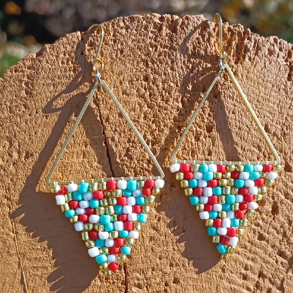 Multi Color Triangle Handmade Seed Bead Earrings