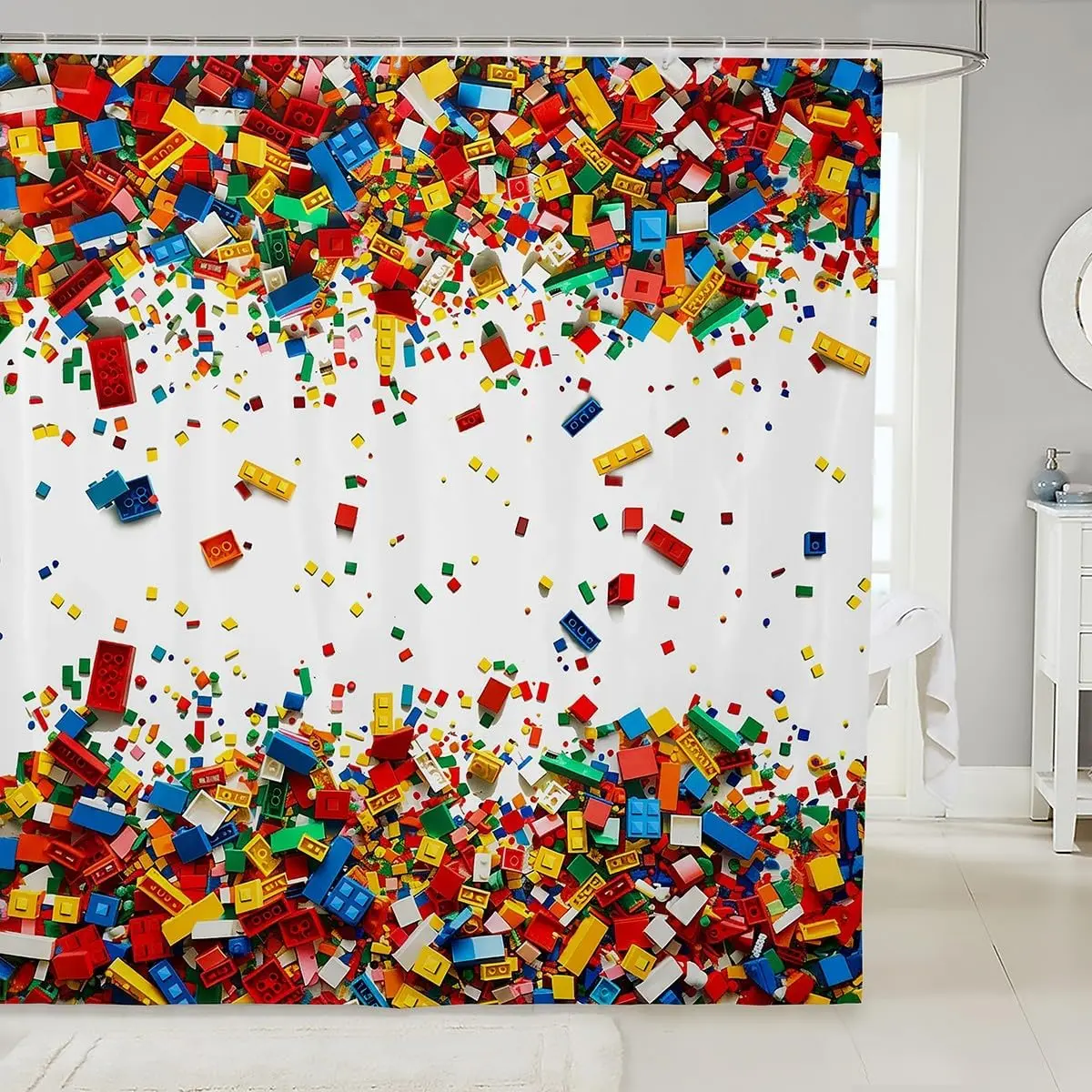 3D Building Blocks Bath Curtain Construction Shower Curtain Set,Colorful Bathroom Accessories Bricks Rainbow Gradient Room Decor White
