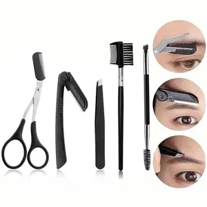 5pcs Eyebrow Grooming Razor Tool Set, Multi-Purpose Beauty Kit with Exfoliating Skin Smoothing Tools, Foldable Razor, Tweezers, Brow Trimmer, Brushes