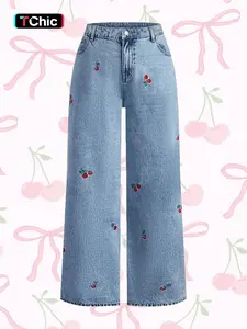 Women's Hand Embroidered Cherry Casual Straight Leg Wide Pants, Elegant Woven Denim Jeans, All Seasons Fashion, Comfortable Fit Trouser, Cute Fitted