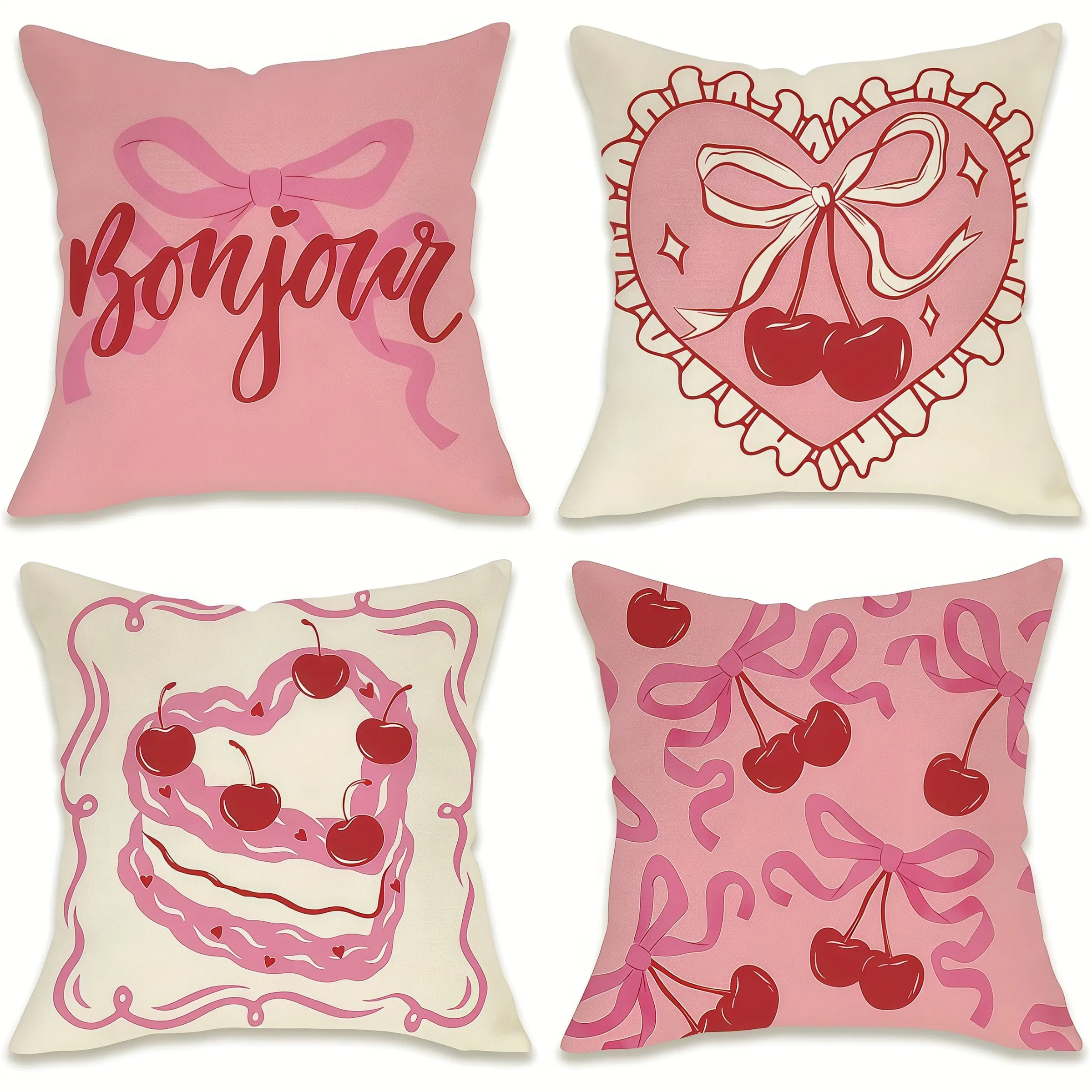 4pcs-Pink Coquette Bow Decoration Throw Pillow Covers, Cherry Love Cake Pattern, Home Décor Products, Cushion Cover Decoration for Couch Sofa, Room Decor and Bedroom Decor, Single Sided Printing, No Pillow Core