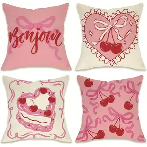 4pcs, Pink Coquette Bow Decoration Throw Pillow Covers, Cherry Love Cake Pattern, Home Décor Products, Cushion Cover Decoration for Couch Sofa, Room Decor and Bedroom Decor, Single Sided Printing, No Pillow Core
