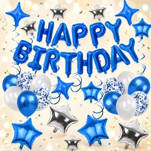 55PCS Blue Happy Birthday Balloon Decoration Set, Foil Letter Banner with Star Foil Balloons, Latex Balloons and Hanging Swirls for Birthday Party Backdrop, Room Decor and Celebration Setup