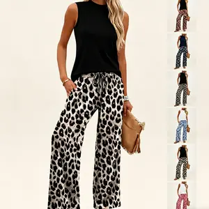 Two Piece Set for Women Summer Spring Outfits Cruise Travel Airport Beach Vacation Mock Neck Wide Leg Pants Set Womenswear