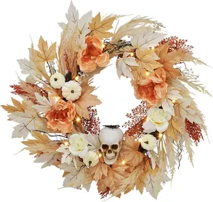 Halloween Wreaths for Front Door with Lights, 22 Inch Prelit Skull Wreath with White Pumpkins Rose Maple Leaves for Indoor Outdoor Wall Window Front Door Porch Mantle Halloween Decoration