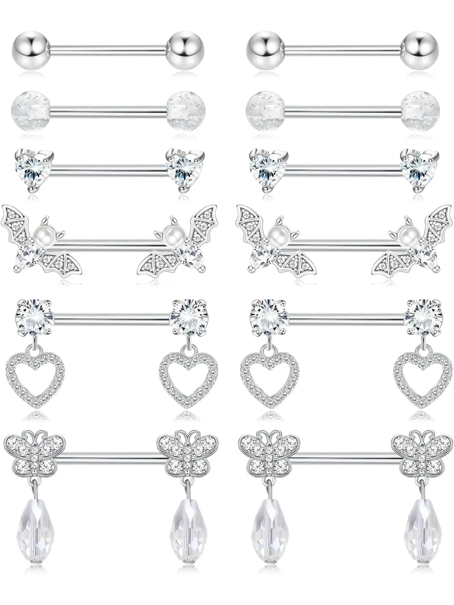 Exquisite 6 Pairs Silvery Stylish 14G Nipple Rings 303 Stainless Steel Rings for Women Men Sweet Heart Butterfly Moon CZ Flower Barbell Nipple Rings Set Cute Nipple Rings Piercing Jewelry Body Jewelry