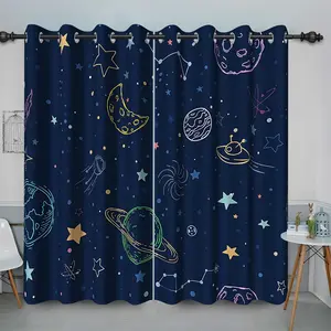Kids Cartoon Space Blackout Pattern Curtain Sky Moon Stars Universe Planets Printed Darkening Drapes with Rustproof Grommets Window for Bedroom Living Room 2 Panels,38Wx45H Inch Navy Blue-1