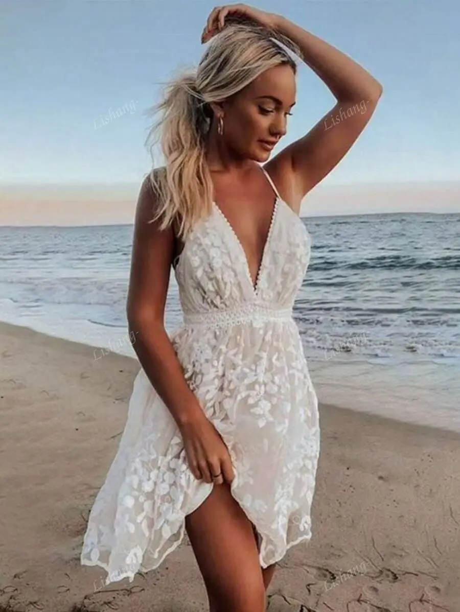 Women's Fashion Halter Tie-Up Lace Trim Beach Holiday Dress